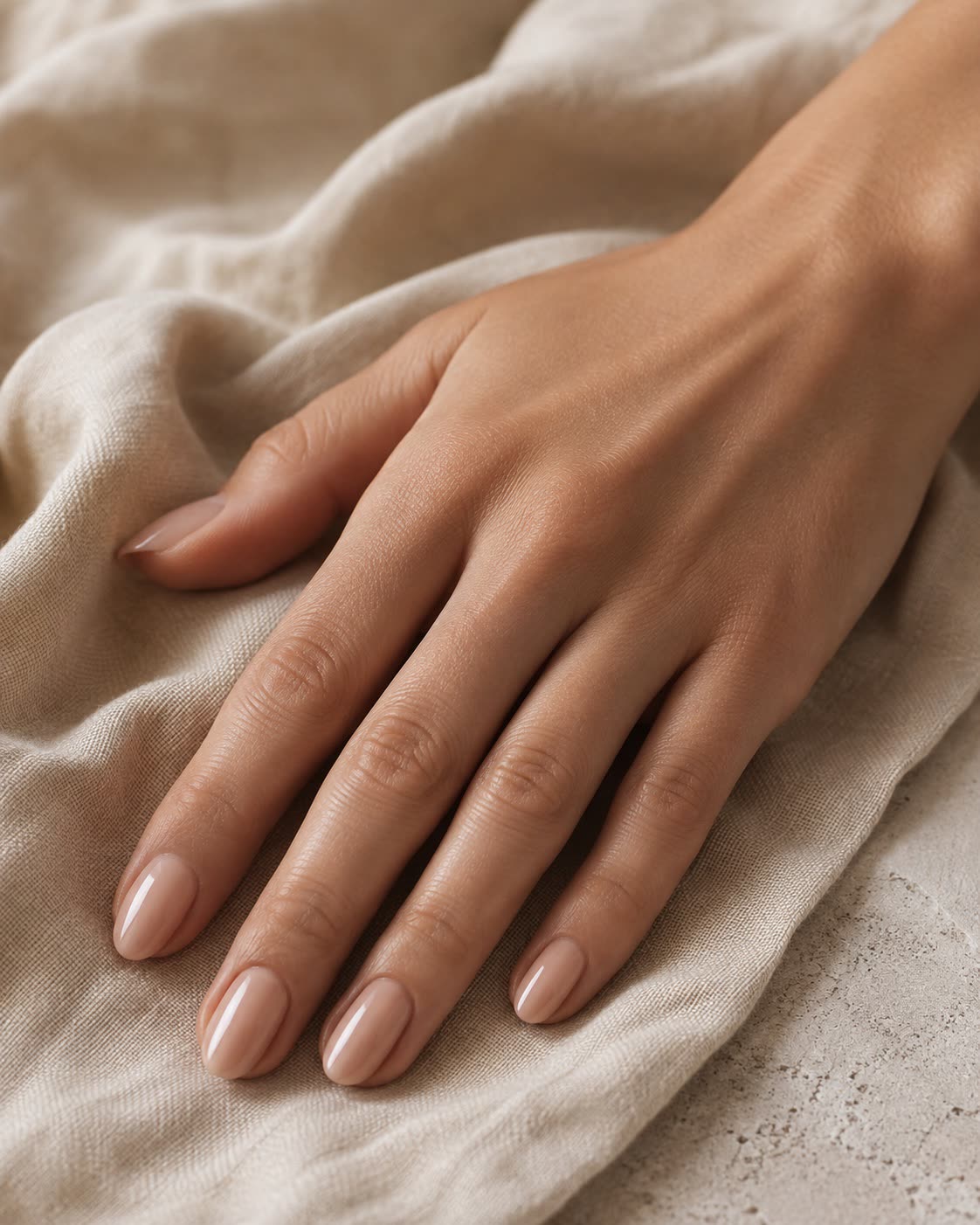Natuurlijk ogende nude BIAB-nagels op zacht crèmekleurig linnen